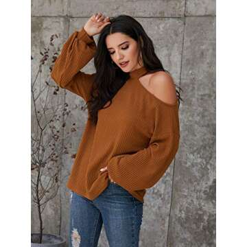 Romwe Women's Waffle Knit Tunic Tops Cold Shoulder Long Sleeve Loose Blouse Shirts Brown L