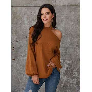 Romwe Women's Waffle Knit Tunic Tops Cold Shoulder Long Sleeve Loose Blouse Shirts Brown L