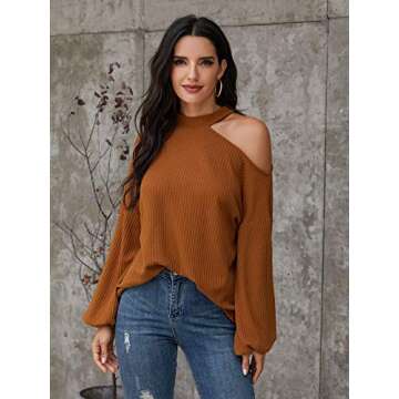 Romwe Women's Waffle Knit Tunic Tops Cold Shoulder Long Sleeve Loose Blouse Shirts Brown L