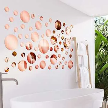 60 Pieces Acrylic Mirror Setting Round DIY Decor Tiles Adhesive Wall Sticker Decal for Bedroom Wall Decor Mirror Living Dining Room Art Background Decoration (Rose Gold)