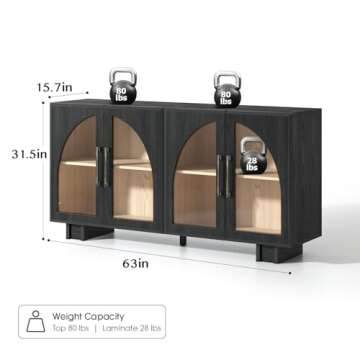 Jiansu furni Buffet Cabinet with Storage, 63 '' Large Sideboard with Glass Doors, Arched Cabinet wit...