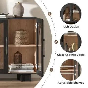 Jiansu furni Buffet Cabinet with Storage, 63 '' Large Sideboard with Glass Doors, Arched Cabinet with Adjustable Shelves,Credenzas for Living Room,Entryway,Kitchen(Black, 4 Doors)