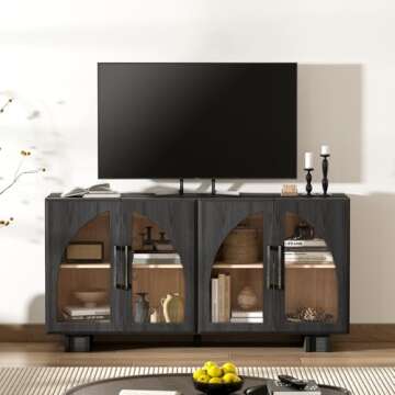 Jiansu furni Buffet Cabinet with Storage, 63 '' Large Sideboard with Glass Doors, Arched Cabinet with Adjustable Shelves,Credenzas for Living Room,Entryway,Kitchen(Black, 4 Doors)