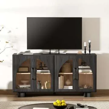 Jiansu furni Buffet Cabinet with Storage, 63 '' Large Sideboard with Glass Doors, Arched Cabinet with Adjustable Shelves,Credenzas for Living Room,Entryway,Kitchen(Black, 4 Doors)