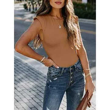 REORIA Women’s Casual Sleeveless Crew Neck Pads Shoulder Musle Bodycon Leotard Bodysuit Tank Tops Brown Small