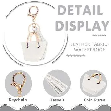 QTKJ Cute Tote Bag Tassels Keychain Mini Coin Purse Key Chain Keyring for Women Mom Purse Handbag Decor (White)