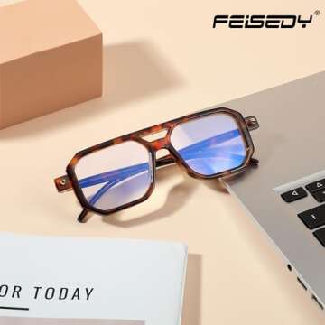 FEISEDY Vintage Square Blue Light Blocking Glasses Women Men 70s Flat Aviator Glasses Computer Anti Glare B0062