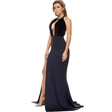 Cololura Women Sexy Elegant Halter Neck High Split Prom Dress Formal Evening Cocktail Long Gowns Blue