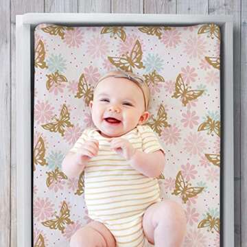 The Peanutshell Changing Pad Covers for Baby Girls | 2 Pack Set | Pink & Gold Butterfly and Pink Disty Floral