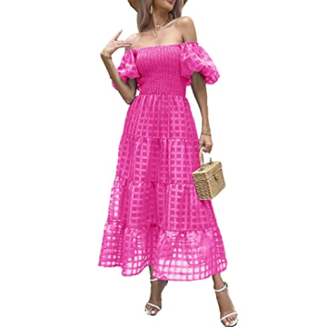 PRETTYGARDEN Women's Casual Summer Dress Puffy Short Sleeve Square Neck Smocked Tiered A Line Maxi Long Dresses (Plaid Rose Red,Small)
