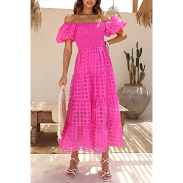 PRETTYGARDEN Women's Casual Summer Dress Puffy Short Sleeve Square Neck Smocked Tiered A Line Maxi Long Dresses (Plaid Rose Red,Small)