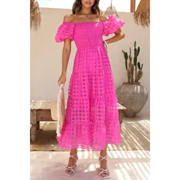 PRETTYGARDEN Women's Casual Summer Dress Puffy Short Sleeve Square Neck Smocked Tiered A Line Maxi Long Dresses (Plaid Rose Red,Small)