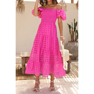 PRETTYGARDEN Women's Casual Summer Dress Puffy Short Sleeve Square Neck Smocked Tiered A Line Maxi Long Dresses (Plaid Rose Red,Small)