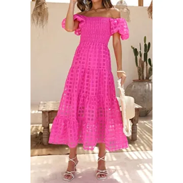 PRETTYGARDEN Women's Casual Summer Dress Puffy Short Sleeve Square Neck Smocked Tiered A Line Maxi Long Dresses (Plaid Rose Red,Small)