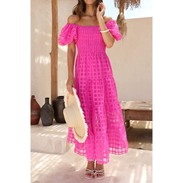 PRETTYGARDEN Women's Casual Summer Dress Puffy Short Sleeve Square Neck Smocked Tiered A Line Maxi Long Dresses (Plaid Rose Red,Small)