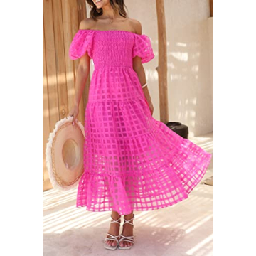 PRETTYGARDEN Women's Casual Summer Dress Puffy Short Sleeve Square Neck Smocked Tiered A Line Maxi Long Dresses (Plaid Rose Red,Small)