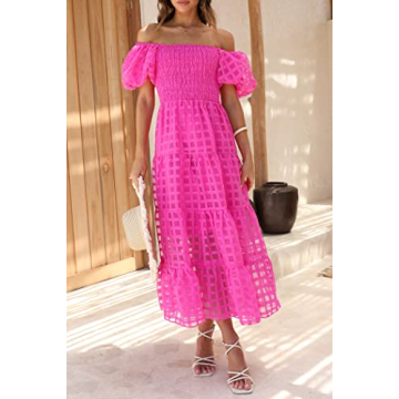 PRETTYGARDEN Women's Casual Summer Dress Puffy Short Sleeve Square Neck Smocked Tiered A Line Maxi Long Dresses (Plaid Rose Red,Small)