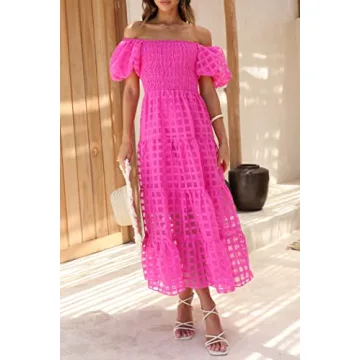 PRETTYGARDEN Women's Casual Summer Dress Puffy Short Sleeve Square Neck Smocked Tiered A Line Maxi Long Dresses (Plaid Rose Red,Small)