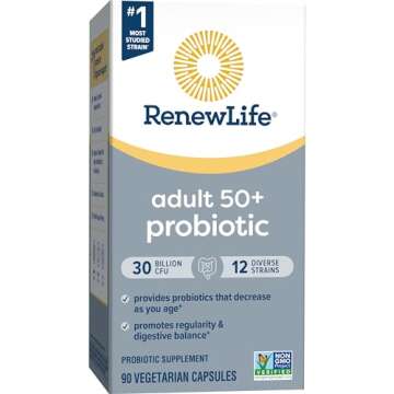 Renew Life Probiotic Adult 50 Plus Probiotic Capsules, Daily Supplement Supports Urinary, Digestive and Immune Health, L. Rhamnosus GG, Dairy, Soy and gluten-free, 30 Billion CFU, 90 Count