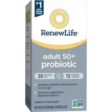 Renew Life Probiotic Adult 50 Plus Probiotic Capsules, Daily Supplement Supports Urinary, Digestive and Immune Health, L. Rhamnosus GG, Dairy, Soy and gluten-free, 30 Billion CFU, 90 Count