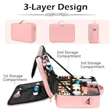 gzcz Travel Makeup Case Large Capacity Cosmetic Case Organizer 16 Inches Waterproof Portable Artist Makeup Storage Bag with Adjustable Dividers and Shoulder Strap for Makeup Brushes Jewelry, Pink
