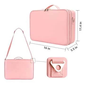 gzcz Travel Makeup Case Large Capacity Cosmetic Case Organizer 16 Inches Waterproof Portable Artist Makeup Storage Bag with Adjustable Dividers and Shoulder Strap for Makeup Brushes Jewelry, Pink