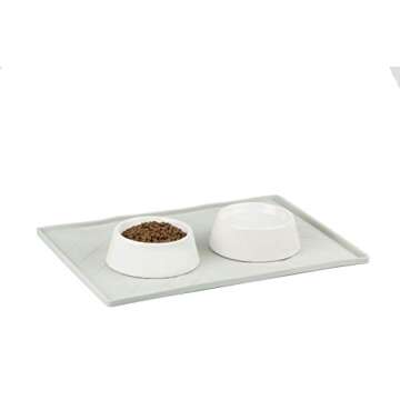 Messy Mutts Silicone Non-Slip Dog Bowl Mat with Raised Edge and Two Sides Reinforced with Metal Rods | Dog/Cat Bowl Mat with Spill-Proof Lip | Medium, 20” x 12” | Light Grey