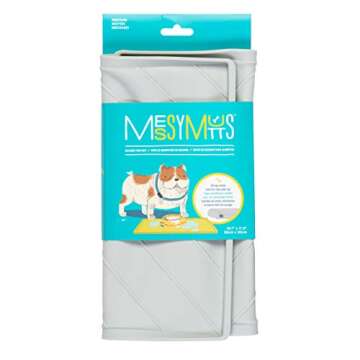 Messy Mutts Silicone Non-Slip Dog Bowl Mat with Raised Edge and Two Sides Reinforced with Metal Rods | Dog/Cat Bowl Mat with Spill-Proof Lip | Medium, 20” x 12” | Light Grey