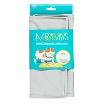 Messy Mutts Silicone Non-Slip Dog Bowl Mat with Raised Edge and Two Sides Reinforced with Metal Rods | Dog/Cat Bowl Mat with Spill-Proof Lip | Medium, 20” x 12” | Light Grey