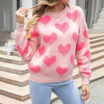Heart Print Sweater for Women Valentine's Day Long Sleeve Oversized Pullover Sweater Y2K Knit Top Li...