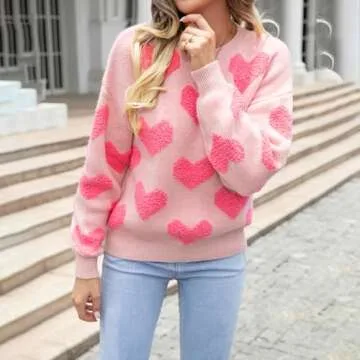 Heart Print Sweater for Women Valentine's Day Long Sleeve Oversized Pullover Sweater Y2K Knit Top Light Pink