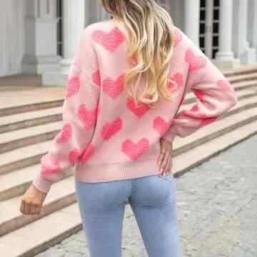 Heart Print Sweater for Women Valentine's Day Long Sleeve Oversized Pullover Sweater Y2K Knit Top Light Pink