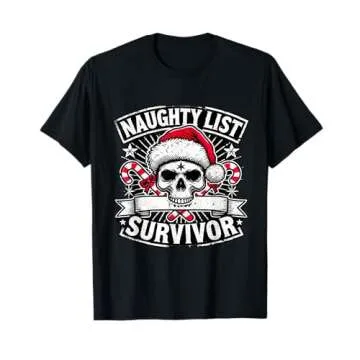 Naughty List Survivor Gothic Christmas Skull T-Shirt - Edgy Holiday Style