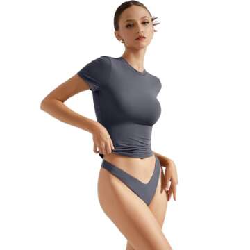 SUUKSESS Women Double Lined Fitted Basic Tee Shirts Crew Neck Short Sleeve Y2K Going Out Crop Tops (...