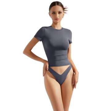 SUUKSESS Women Double Lined Fitted Basic Tee Shirts Crew Neck Short Sleeve Y2K Going Out Crop Tops (Ash, M)