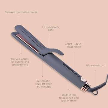 Hairitage Ceramic Tourmaline 2in1 Flat Iron Hair Straightener Curling Iron for Hair Styling - 1 1/4 Inch - Airflow Styler with Curved Edges for Curling + Straightening - Blowout Styles