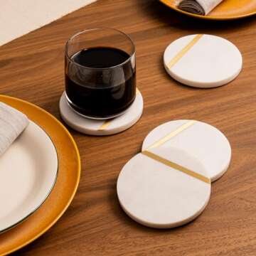 Cork & Mill Marble Coasters Set of 6 - Luxury Aesthetic Modern Decor for Coffee Table- White Marble ...
