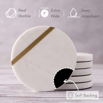 Cork & Mill Marble Coasters Set of 6 - Luxury Aesthetic Modern Decor for Coffee Table- White Marble with Gold Brass Inlay - Real Natural Semi Absorbent Stone Coasters