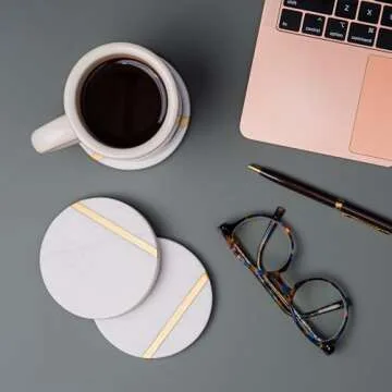 Cork & Mill Luxury Marble Coasters Set - White & Gold