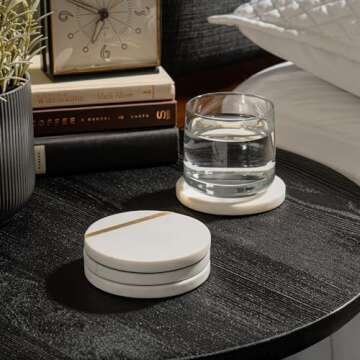 Cork & Mill Marble Coasters Set of 6 - Luxury Aesthetic Modern Decor for Coffee Table- White Marble with Gold Brass Inlay - Real Natural Semi Absorbent Stone Coasters