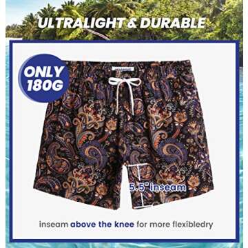 maamgic Mens Boys 80s 90s Vintage 4 Way Stretch Swim Trunks with Mesh Lining Quick Dry Swim Suits Board Shorts Paisley Golden Medium