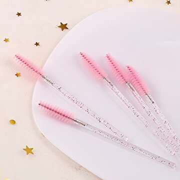 300 Pcs Disposable Crystal Mascara Wand Eyelash Brush Applicator Eyebrow Brush for EyeLash Extension Supplies (Pink)
