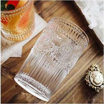 Kingrol 4 Pack 12.5 Ounces Romantic Water Glasses, Premium Drinking Glasses Tumblers, Vintage Glassware Set for Juice, Beverages, Beer, Cocktail