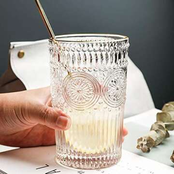 Kingrol 4 Pack 12.5 Ounces Romantic Water Glasses, Premium Drinking Glasses Tumblers, Vintage Glassware Set for Juice, Beverages, Beer, Cocktail