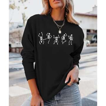 AG AGUU Women Halloween Dancing Skeleton Sweatshirt Skull Graphic Pullover Crew Neck Sweatshirts Ove...