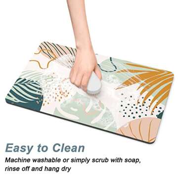 Rnivvi Dog Food Mat, 12" x 19" Boho Absorbent Dog Cat Bowl Mat for Food and Water, Cute Anti-Slip Rubber Pet Feeding Rug Protect Floors, Puppy Placemat for Feeding & Watering Supplies, Tropical Leaves