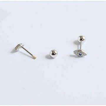 20g Blue Evil Eye CZ Stud Earrings for Women 925 Sterling Silver Screw Back Studs for Birthday (Silver)