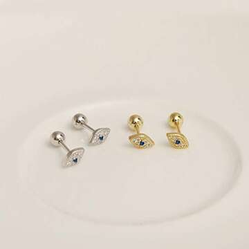 20g Blue Evil Eye CZ Stud Earrings for Women 925 Sterling Silver Screw Back Studs for Birthday (Silver)