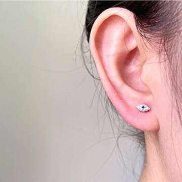 20g Blue Evil Eye CZ Stud Earrings for Women 925 Sterling Silver Screw Back Studs for Birthday (Silver)