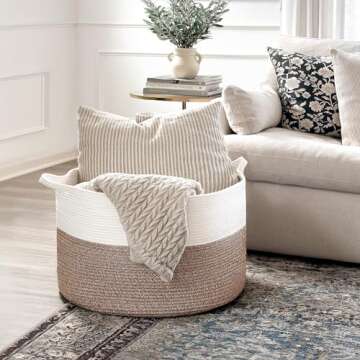 INDRESSME XXXLarge Cotton Rope Basket 21.7" x 21.7" x 13.8" Woven Baby Laundry Blanket Basket Toy Basket with Handle Storage Comforter Cushions Thread Laundry Hamper